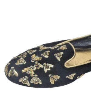 Alexander McQueen Black Suede Bee Loafers Flats Gold Embroidery Italy